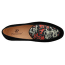 New Black Velvet Thread Dragon Print Satin Belgian Loafers for Men with Leather Tie Handcrafted Moccasin
