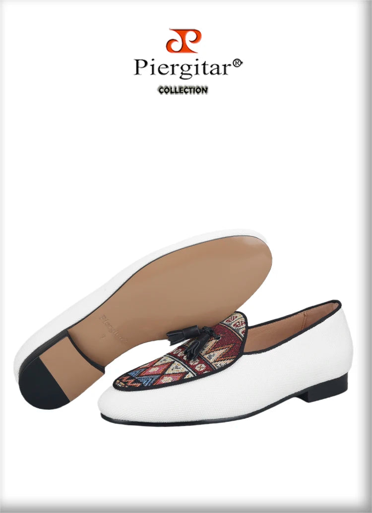 Piergitar Brand 2023 White Cotton Canvas Of Paisley Pattern Men's Loafers Fashion Party Handmade Leahter Tassel Shoes Plus Size