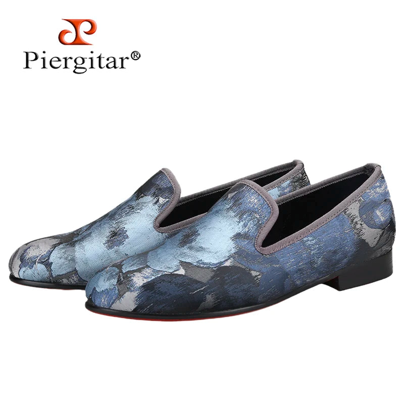 Piergitar 2023 New Abstract Printed Cotton Men's Loafers For Party Handmade Slip-On Moccasins Red Outsoles Smoking Slippers
