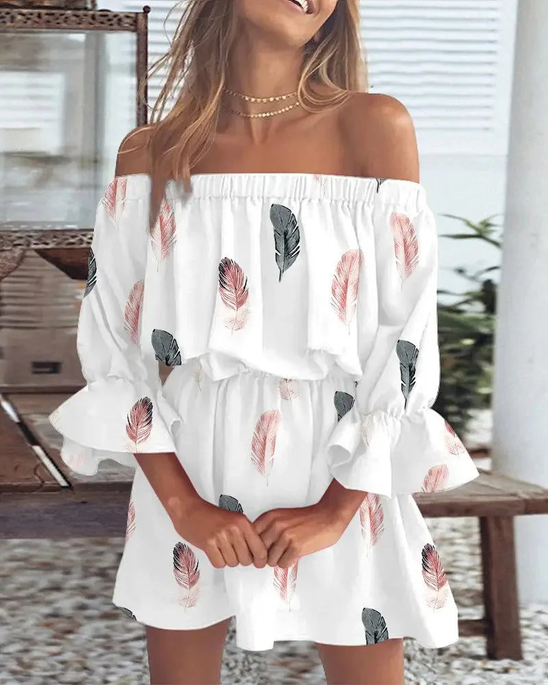 Sexy Slash Neck Long Flare Sleeve Floral Print Mini Dress Summer Women Boho Party Vestidos NMD-6650