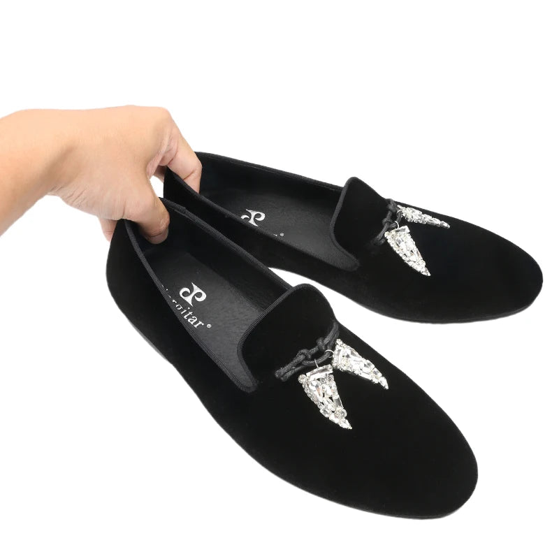 Black Velvet Men's Loafers with Clear Crystal Tassels, Handmade Man Moccasins for Party and Banquet Plus Size