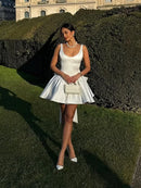 Elegant 3d Bow Backless White Mini Dress Women Fashion Sling A-line Pleated Vestidos  Spring Summer Lady Party Evening Gown