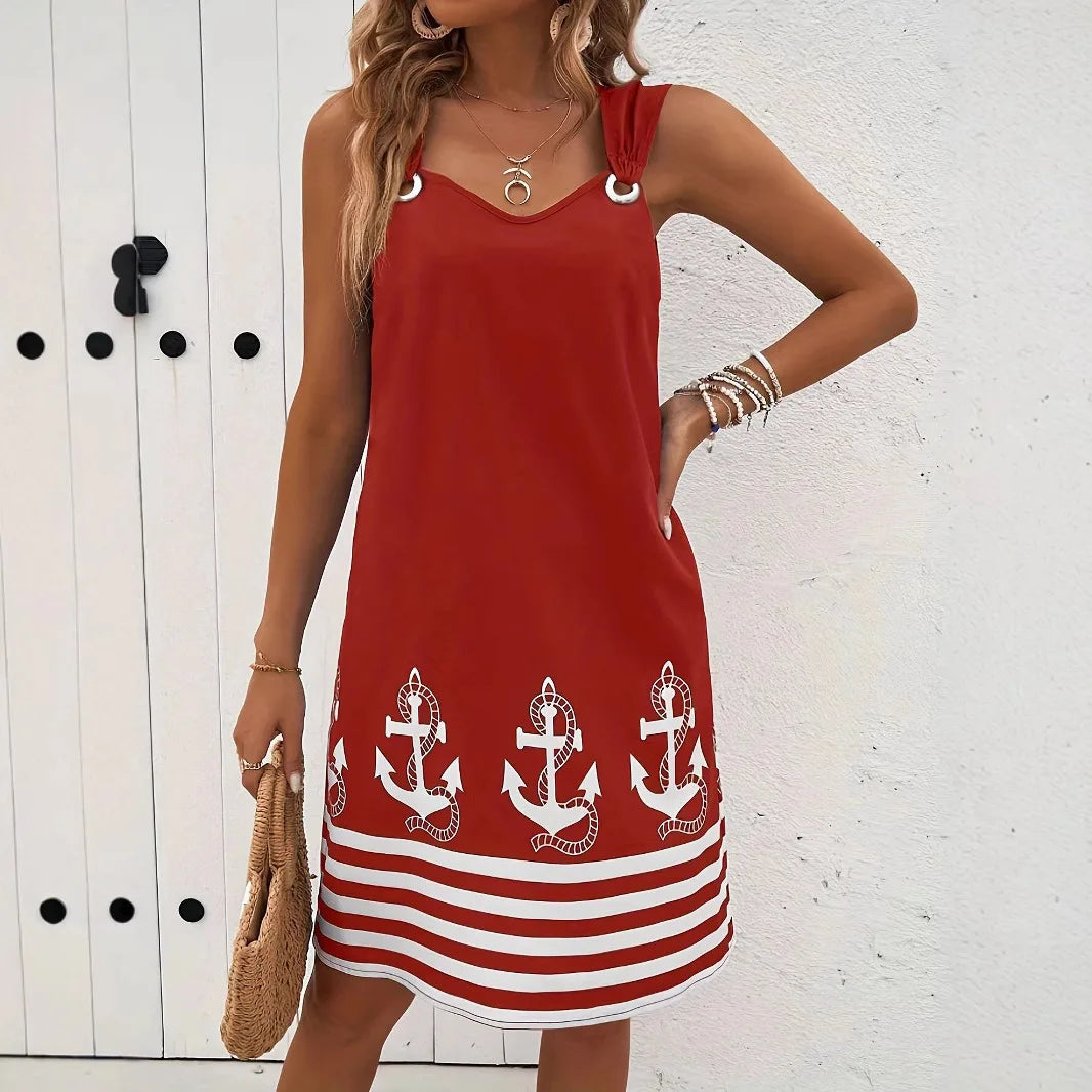 2025 New Women's Vest Skirt Pocket Ethnic Style Fashion Printed V-neck Simple Vacation Beach Mini Dress for Female