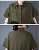 Mesh Ruffles Joined New 2025 Summer Woman Short-Sleeve Green Shirt Dress Loose Fit Tide Big Size Girls Casual Large Robe JKXD026