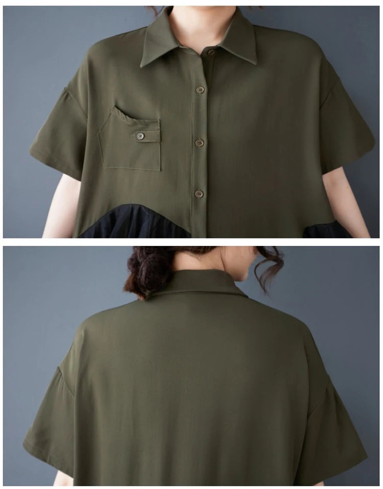 Mesh Ruffles Joined New 2025 Summer Woman Short-Sleeve Green Shirt Dress Loose Fit Tide Big Size Girls Casual Large Robe JKXD026