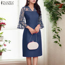 Women Summer Lace Patchwork Dresses ZANZEA Elegant Party Work Dress Fashion 3/4 Flared Sleeve V-Neck Satin Vestidos Robe Femme