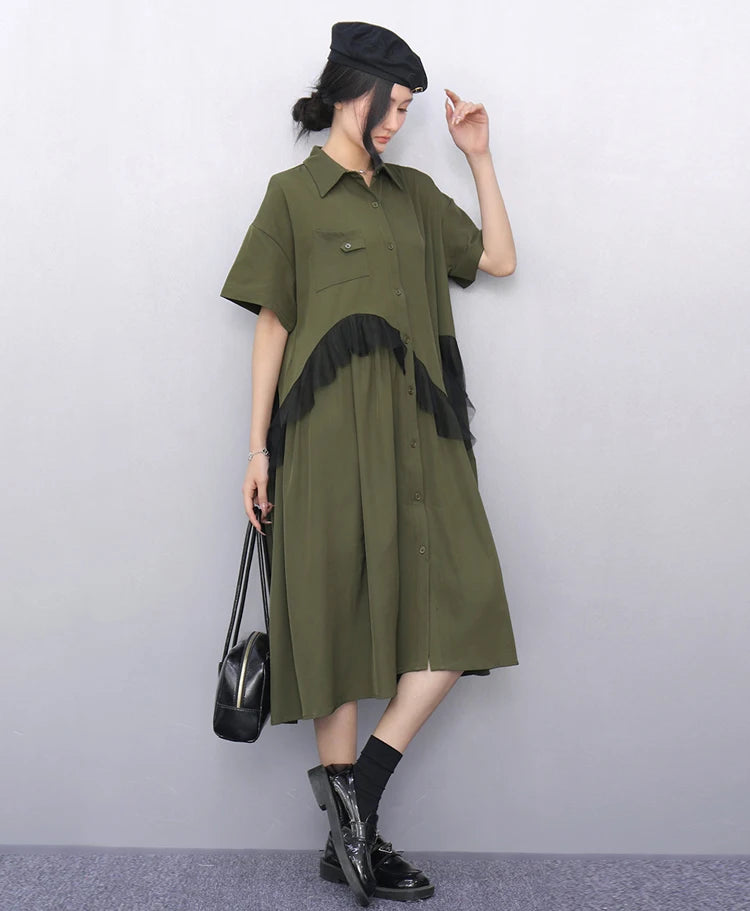 Mesh Ruffles Joined New 2025 Summer Woman Short-Sleeve Green Shirt Dress Loose Fit Tide Big Size Girls Casual Large Robe JKXD026
