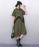 Mesh Ruffles Joined New 2025 Summer Woman Short-Sleeve Green Shirt Dress Loose Fit Tide Big Size Girls Casual Large Robe JKXD026