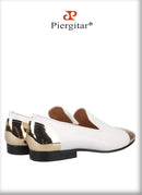 Piergitar Black/White Patent Leather Slip-On Slippers For Party Customised Front And Rear Metal Buckles Handmade Men's Loafers