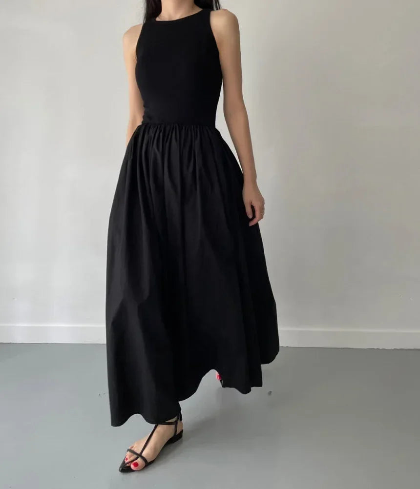 Simple Elegant Long Black Dresses For Woman Round Neck Sleeveless Low Waist