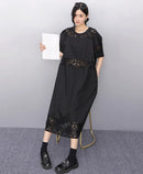 Lace Joined Loose Fit Korean Style Woman 2025 Summer Round Neck Short-Sleeve Black Pullover Dress Gorgeous Big Size Robe JKXD008