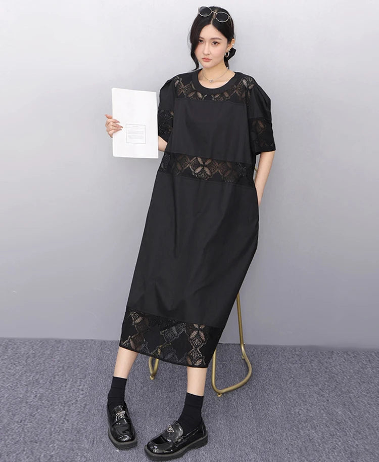 Lace Joined Loose Fit Korean Style Woman 2025 Summer Round Neck Short-Sleeve Black Pullover Dress Gorgeous Big Size Robe JKXD008