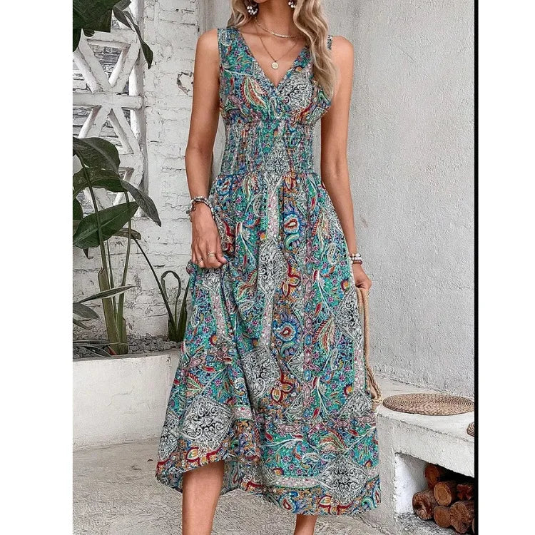 Summer Boho Print Women Fashion Sleeveless Beach Party Dresses