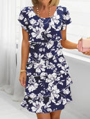 2025 Spring Chic Floral Print Chiffon Dress Woman Elegant Crew Neck Tierred Pleated Dress Summer Short Sleeve A-Line Party Dress