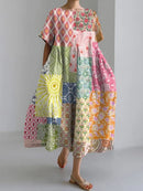 2024 Women's New Round Neck Long Casual Summer Dress Large Size Fresh Print