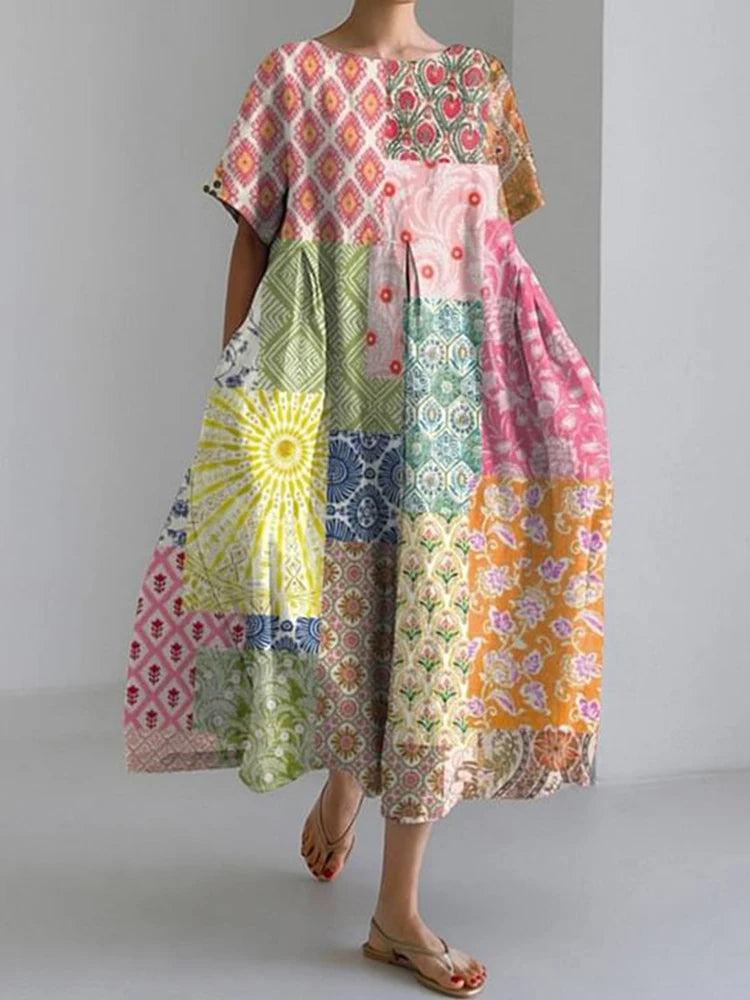 2024 Women's New Round Neck Long Casual Summer Dress Large Size Fresh Print