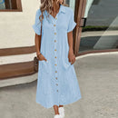 Women's Cotton Linen Short Sleeve Pocket Casual Shirtdress with V-Neck and Button Up Holiday Dresses