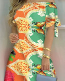 3XL Women's Casual Gradient Off Shoulder Short Sleeve Dress Bow Print Mini Dress