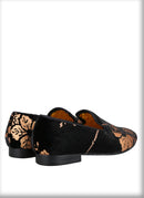 Customized Chinese style slip-on smoking shoes with gold totem print on black velvet.