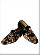 Customized Chinese style slip-on smoking shoes with gold totem print on black velvet.