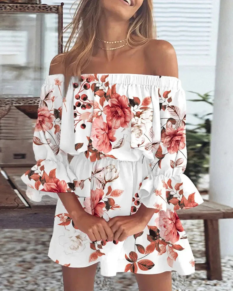 Sexy Slash Neck Long Flare Sleeve Floral Print Mini Dress Summer Women Boho Party Vestidos NMD-6650
