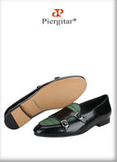 Piergitar Black Polished Leather Patchwork Green Crocodile Suede Men's Monk Shoes Handmade Slip-On Loafers For Wedding And Party