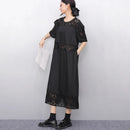 Lace Joined Loose Fit Korean Style Woman 2025 Summer Round Neck Short-Sleeve Black Pullover Dress Gorgeous Big Size Robe JKXD008