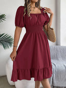 2024 New Fashion Solid Puff Sleeve Square Neck Ruched Bust Ruffle Hem Wasit Dress, Women's Clothing