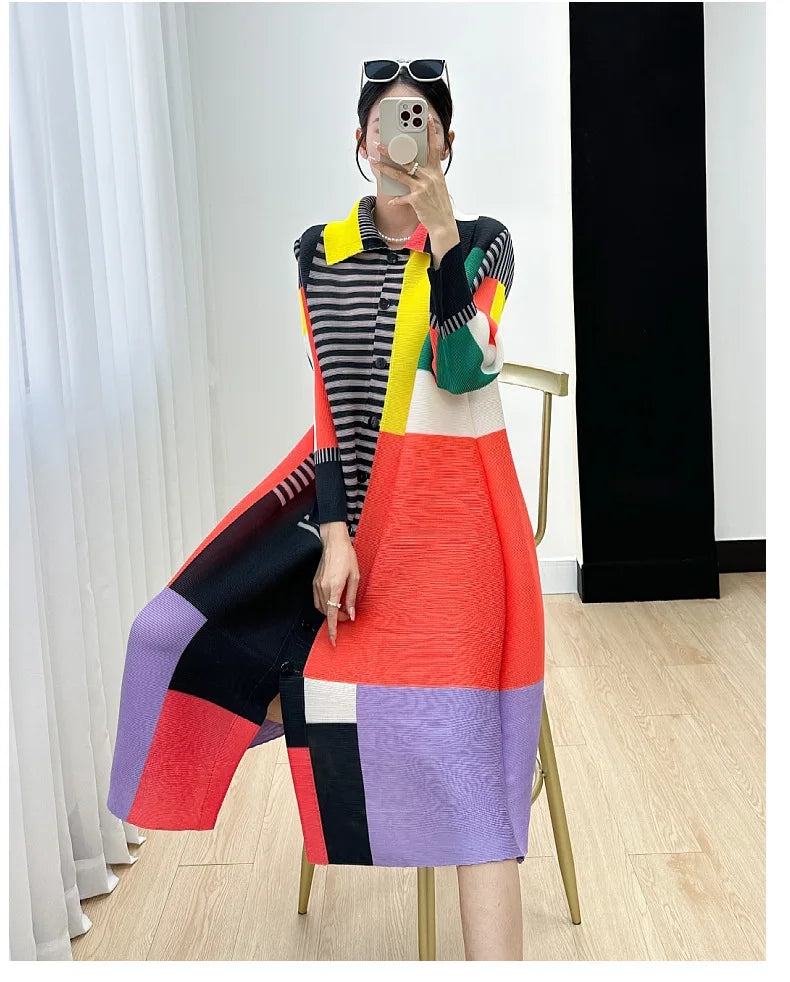 Miyake Women's Color Matching Dress, Autumn and Winter New Fashion Print Pleats, Medium Length, Loose Length Skirt