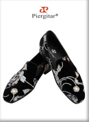 Piergitar Black And Grass Green Velvet With Handmade Classical Chinese Style Sequin Embroidery Men's Loafers Red Sole Moccasins