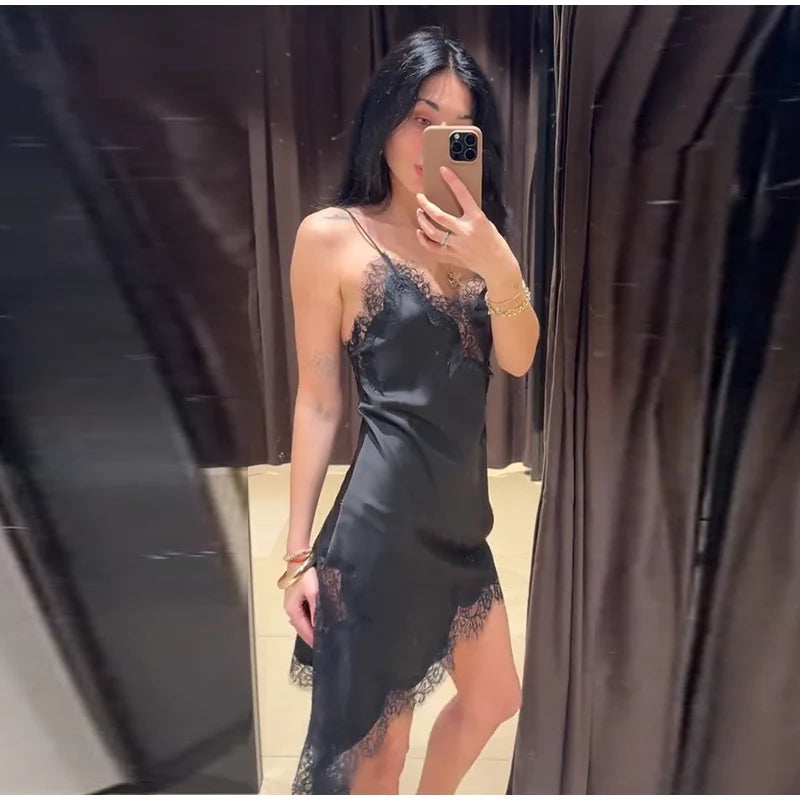 Sexy Sling Dress Women V Neck Hollow Out Backless Patchwork Lace