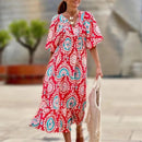 Women Dress Summer Puff SleeveBoho V Neck Printing Long Dress LooseHoliday Beach Female Casual FloralDresses Party Vestidos