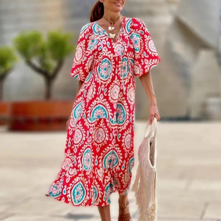 Women Dress Summer Puff SleeveBoho V Neck Printing Long Dress LooseHoliday Beach Female Casual FloralDresses Party Vestidos