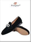 Piergitar Black Velvet Slippers With Matching Gros-grin Piping And Chain-Shaped Allover Crystals Handmade Slip-On Men's Loafers