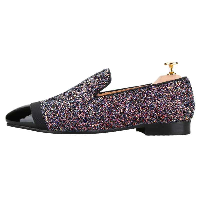 Piergitar Flash Purple Sequined Canvas Slippers With Patent Leather Toes Handmade Men Moccasins For Party And Wedding Plus Size