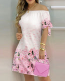 3XL Women's Casual Gradient Off Shoulder Short Sleeve Dress Bow Print Mini Dress