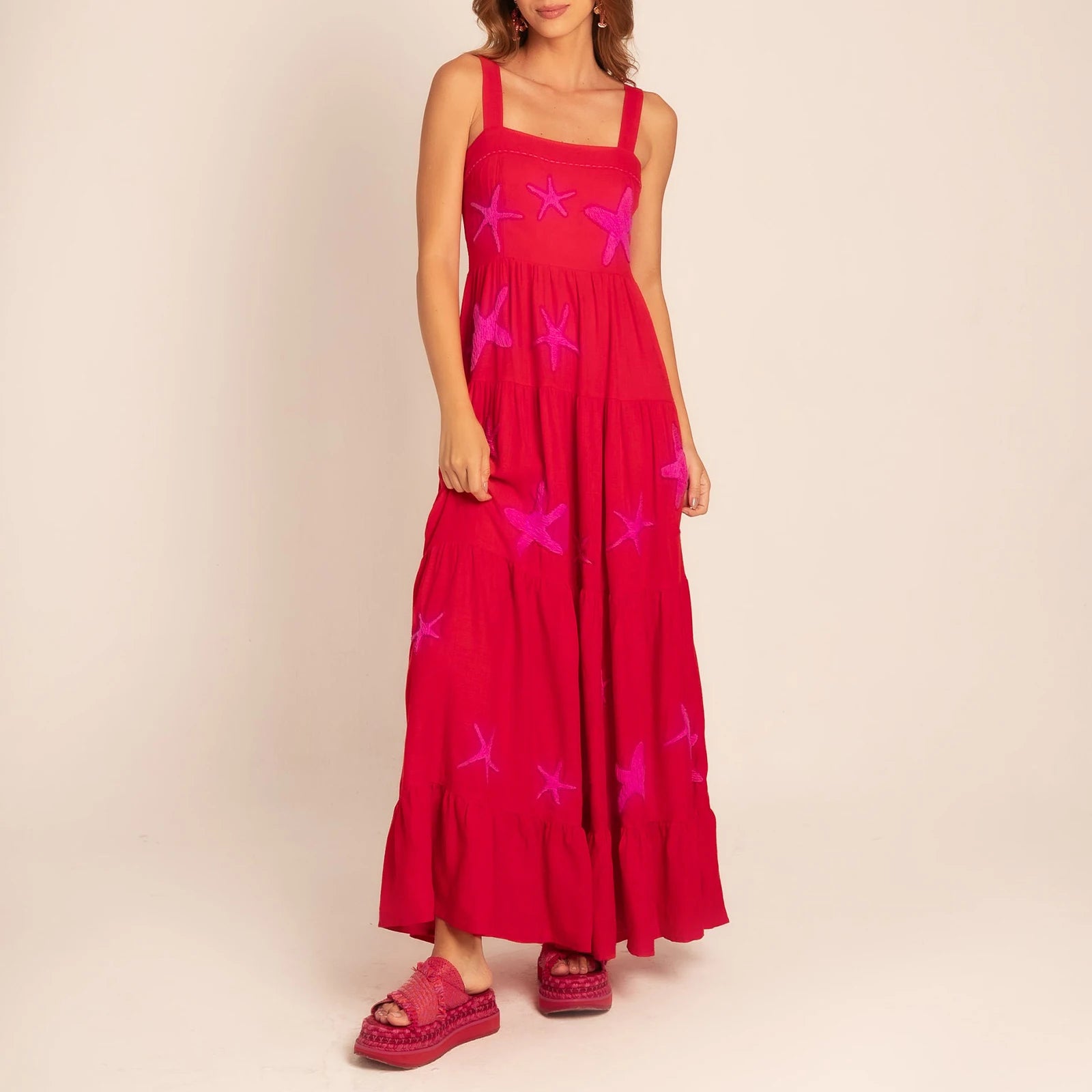 Imcute Women Cute Embroidered Maxi Dress Beach Dress Summer Boho Ruffle Long Dress Spaghetti Strap Flowy Maxi Dress