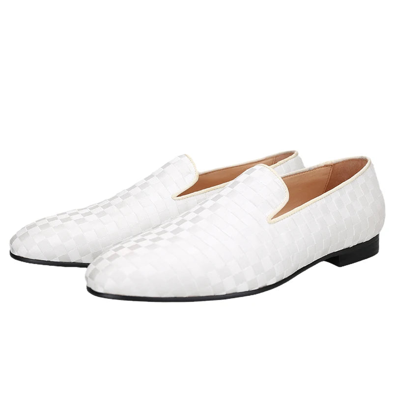 Piergitar 2022 Four Colors Checkerboard Print Silk Handmade Men's Loafers Classic British Style Man Smoking Slippers For Party