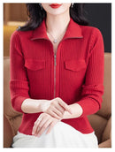 Spring Autumn Women Knitted Sweater Cardigan Short Jacket 2025 New Korean Fashion Zipper Solid Turn-Down Knit Coat Female Tops