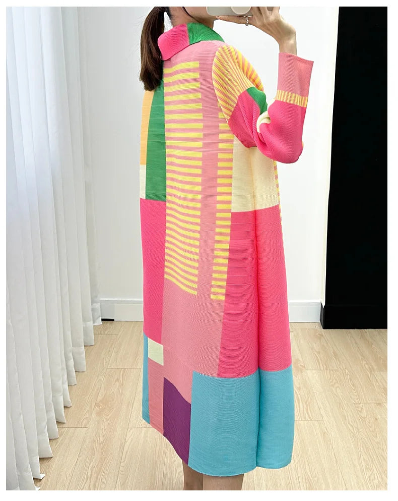 Miyake Women's Color Matching Dress, Autumn and Winter New Fashion Print Pleats, Medium Length, Loose Length Skirt