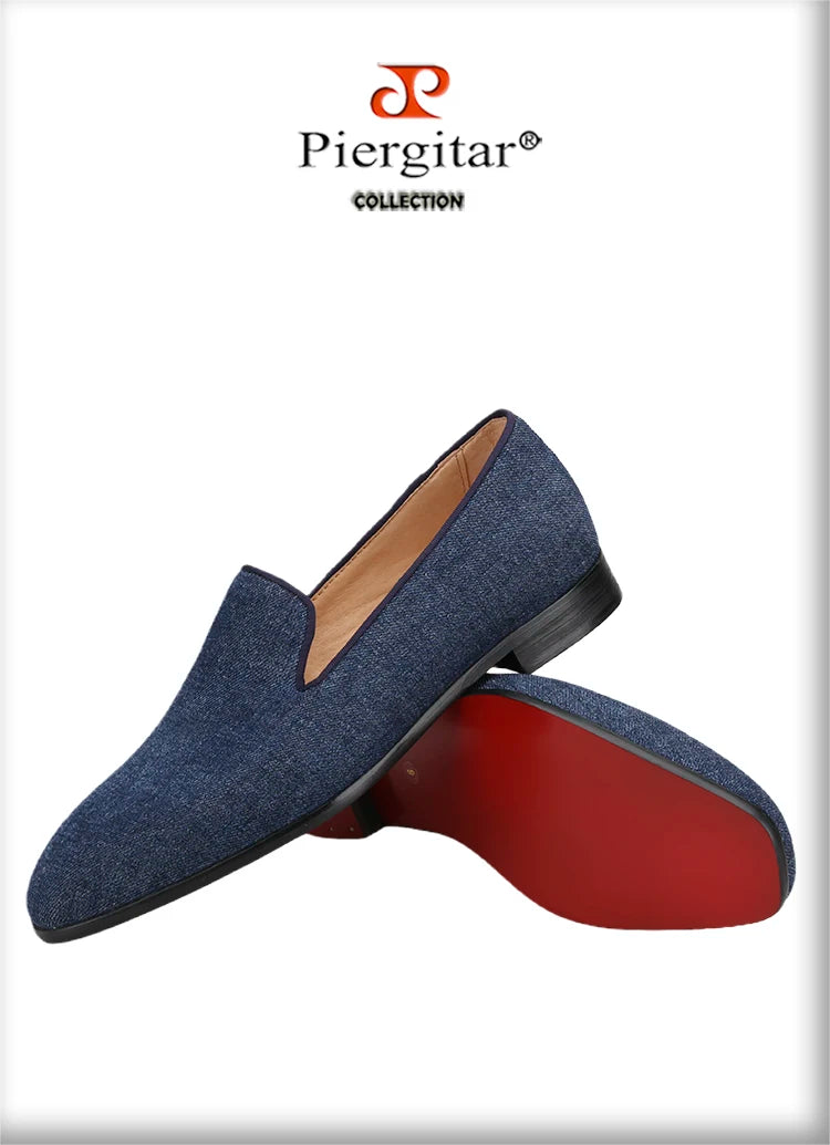 Piergitar 2022 New Summer Style Navy Denim Men's Loafers Red Outsole Man Smoking Slippers Breathable Leather Insole Plus Size