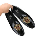 Piergitar Black Patent Leather Men's Loafers With Manual Embroidery Patches Imported From India Slip-On Moccasins Red Outsoles