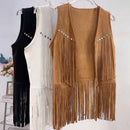 Retro Western Cowboy Style Soft Suede Tassel Vest Spring Autumn Sleeveless Cardigan Women Casual Waistcoat Sweetwear