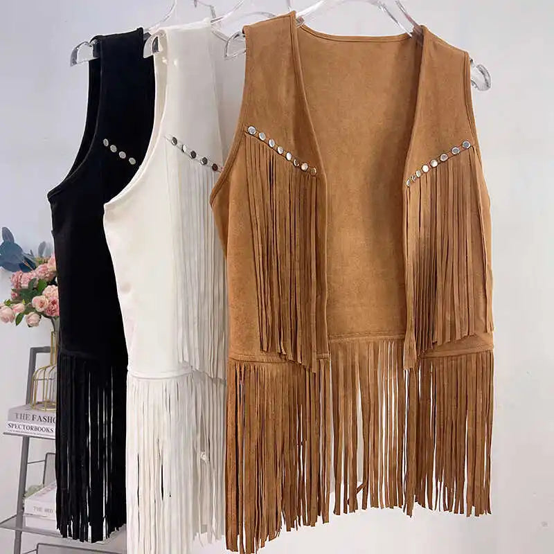 Retro Western Cowboy Style Soft Suede Tassel Vest Spring Autumn Sleeveless Cardigan Women Casual Waistcoat Sweetwear