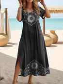 Elegant Summer Plus Size V-Neck Butterfly Print Dress - Split Hem Short Sleeve Women's Fashion