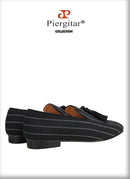 Piergitar 2022 New Striped Design Oxford Fabric Men Slip-On Shoes Handmade Tassel Men's Loafers Classic Male Smoking Slippers