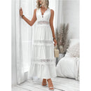 Women's Lace Stitching V-neck Sleeveless Dress High Waist White Ankle Length Sexy Long Dress