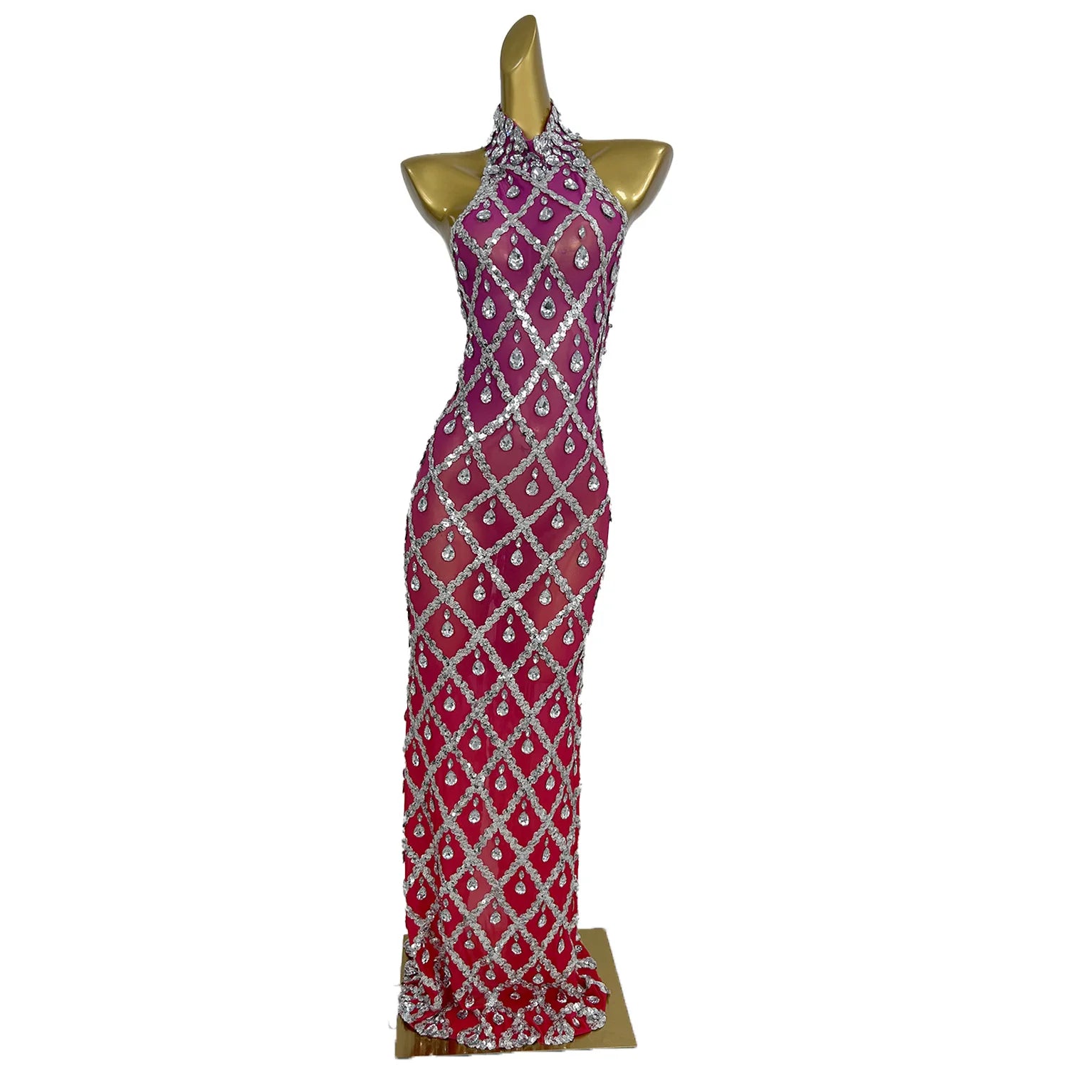 New Rhinestone Sequined Sleeveless Floor Length Dress for Dance Sexy Backless Tight Dress Holiday Party Club Birthday Dress