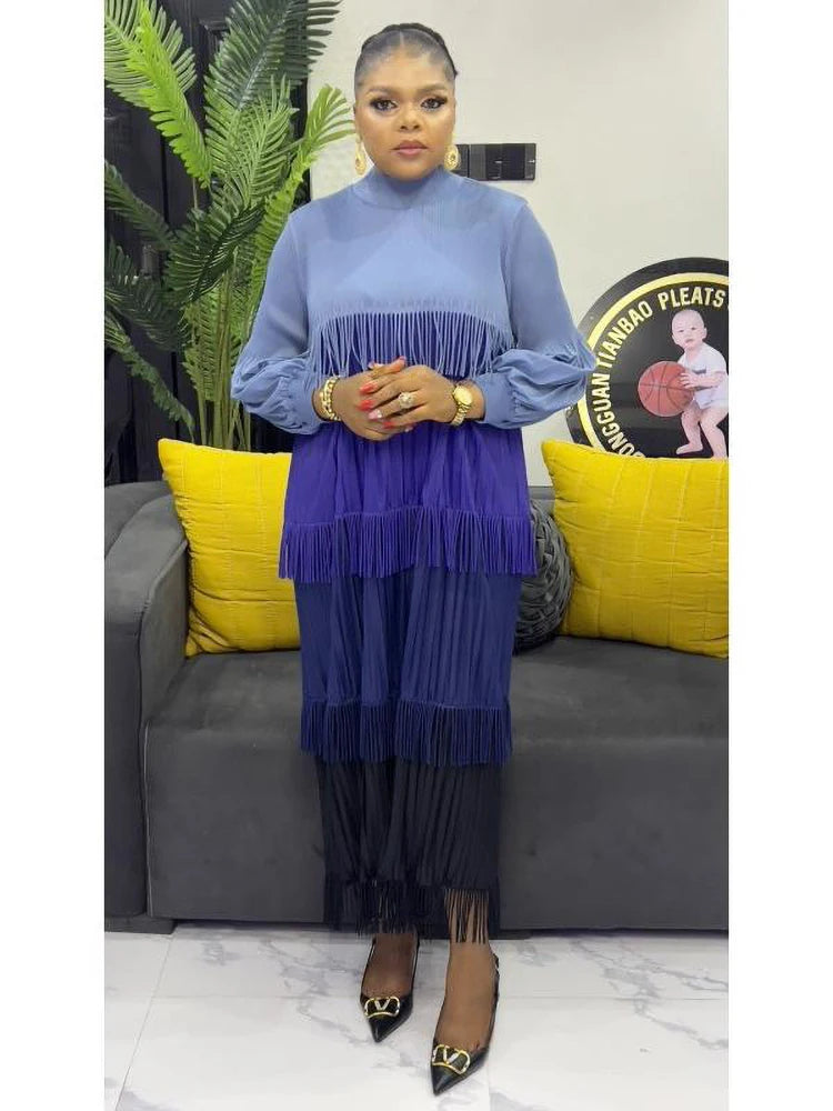 Women's Pleated Puff Sleeve Tassel Dress