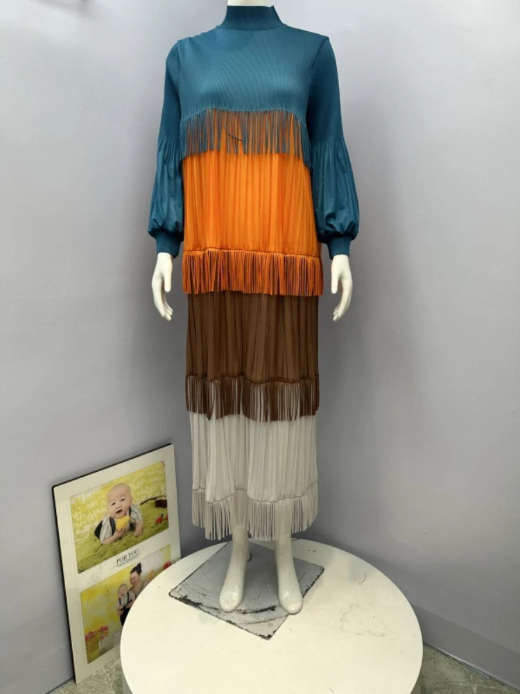 Women's Pleated Puff Sleeve Tassel Dress